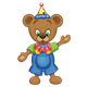 Button Bear wearing a party hat and ruffle