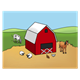 Barnyard Scene with a red barn and farm animals