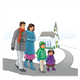Winter Church Scene with a family walking on a path