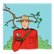 Canadian Mountie holding a bird beneath a tree