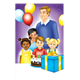 Birthday Party with children, gift, cake, and balloons