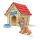 Doghouse with dog holding bone