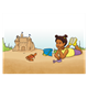 Girl on Beach with a crab and a sand castle