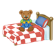 Button Bear sitting on a red and white bed