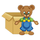 Button Bear in front of a cardboard box