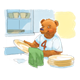 Bear Drying Dishes with cabinet background