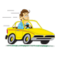 Man Driving small yellow car