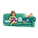 Girl Reading to Cat on green couch