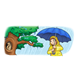 Girl in Rain by a Tree with blue umbrella and yellow raincoat