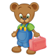 Button Bear holding a red lunchbox