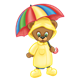 Button Bear wearing a raincoat, hat, boots, and umbrella