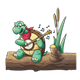 Turtle Playing a Banjo sitting on a log with cattails and music notes