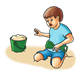 Boy Digging in Sand green shovel and pail