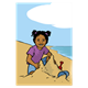 Tropical Beach girl playing in sand, toys