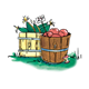 Wooden Baskets full of apples and corn, has grass