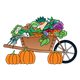 Wheelbarrow of Vegetables with three pumpkins sitting to the side