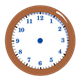 Brown Clock without hands, has blue numbers