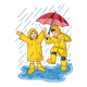 Children in Raincoats with an umbrella in the rain