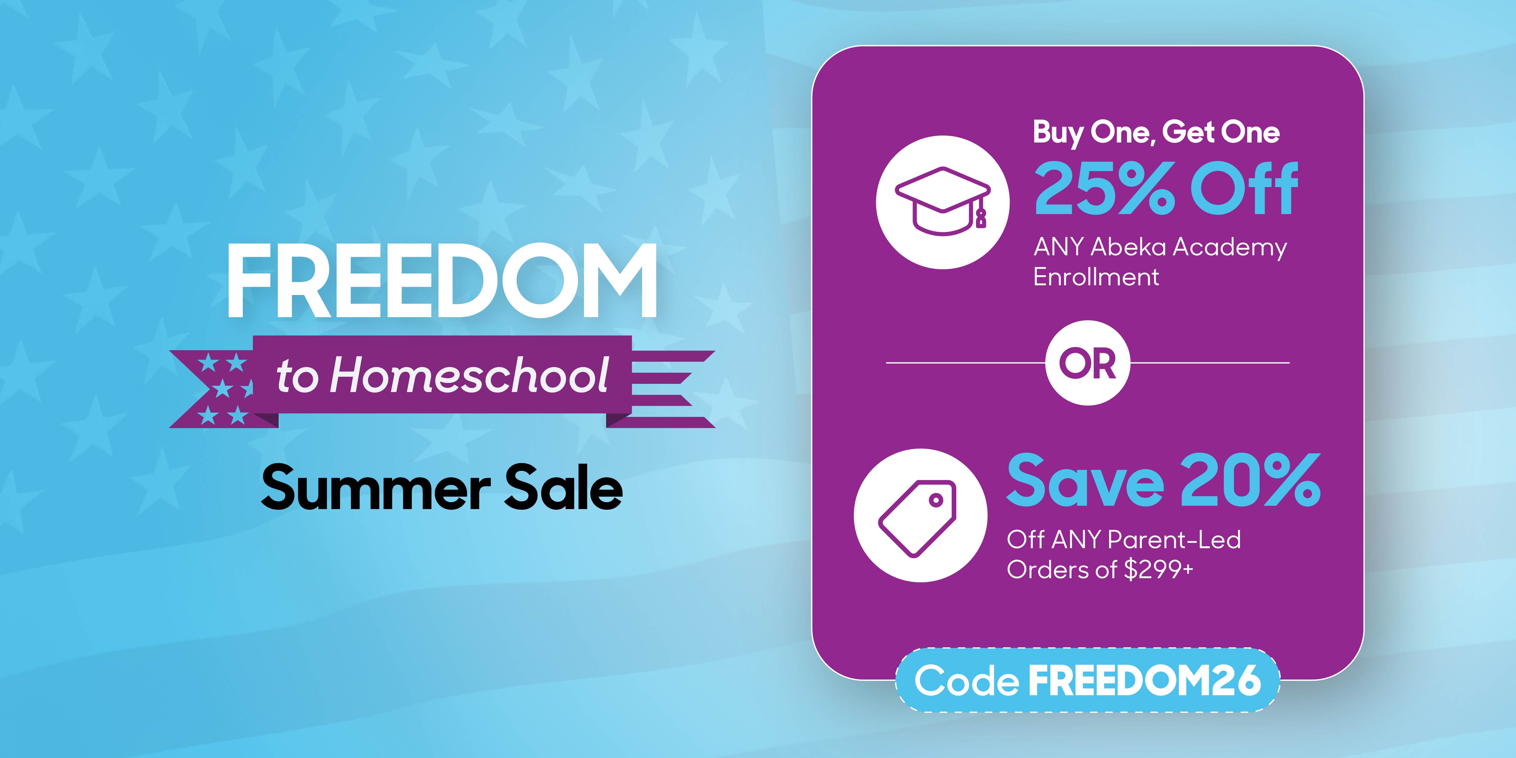 BOGO 25% Off Abeka Academy Enrollment. 20% Off Parent-Led Products $299+.
