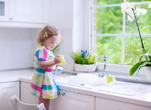 Little Girl Washing Dishes