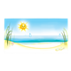Beach Scene with sand, waves, and a smiling sun