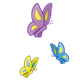 Three Butterflies purple, blue, and yellow