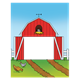 Open Red Barn with a cat and two chickens