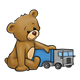 Brown Teddy Bear playing with a blue truck