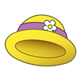 Yellow Lady's Hat with a purple ribbon and white flower