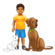 Boy with Pets a white cat and a brown dog
