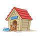 Doghouse with sleeping dog and food bowl