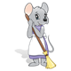 Sweeping Mouse with purple dress, white apron, and broom