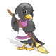 Sweeping Crow with a purple apron and a broom