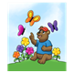 Brown Bear sitting on a hill with butterflies and flowers