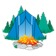 Blue Tent in Forest with campfire