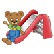 Button Bear sliding down a red slide