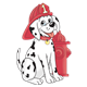 Dalmatian in front of a fire hydrant with fireman hat