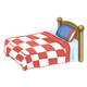Bed with a red and white blanket and a blue pillow
