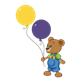 Button Bear holding a purple and a yellow balloon