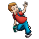 Boy Waving wearing a red shirt, blue pants, and a backpack