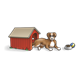 Dog in Doghouse with food dish and ball