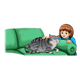 Girl Petting Cat on green couch
