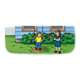 Children in Yard a boy swinging and a girl holding a rose