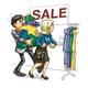 Lady Shopping at a sale with a man carrying packages