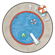 Round Swimming Pool with chairs, umbrella, and a diving board