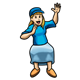 Waving Girl wearing a blue hat, shirt, and skirt