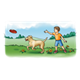 Boy Throwing Flying Disc with dog and scenery