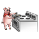 Pig Cooking eggs on stove