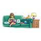Girl Reading to Cat on green couch in living room