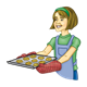 Lady with Red Oven Mitts holding a tray of cookies